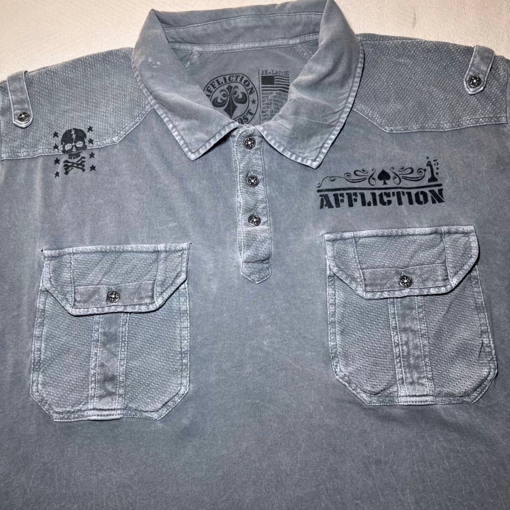 Affliction Mens Gray Military Graphic Polo Shirt 2XL Y2K
